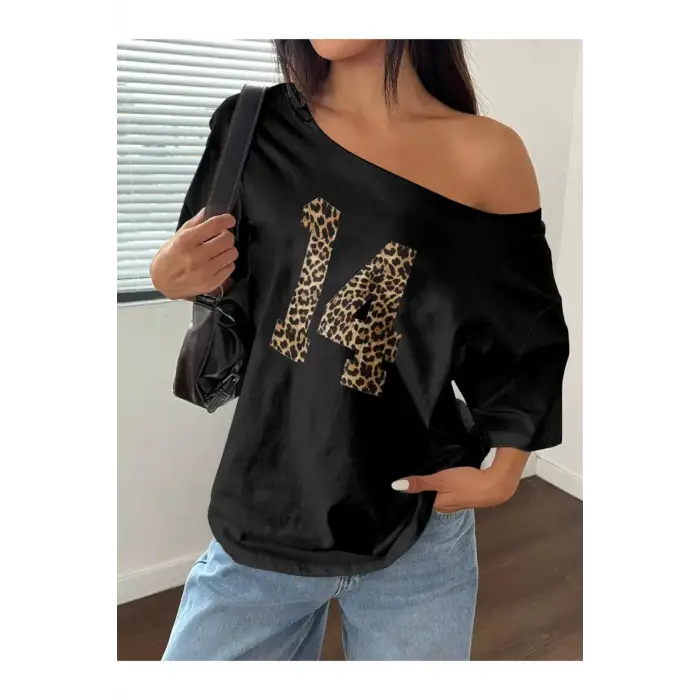 Kadın Kayık Yaka Baskılı Oversize %100 Pamuk