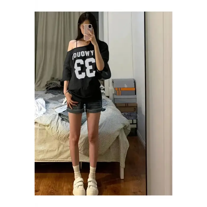Kadın Kayık Yaka Oywouos Baskılı Oversize %100 Pamuk