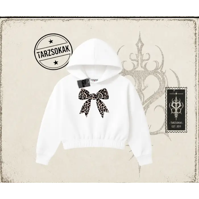 Kadın Leopar Kurdele Kadın Crop Kapşonlu Sweatshirt Beyaz