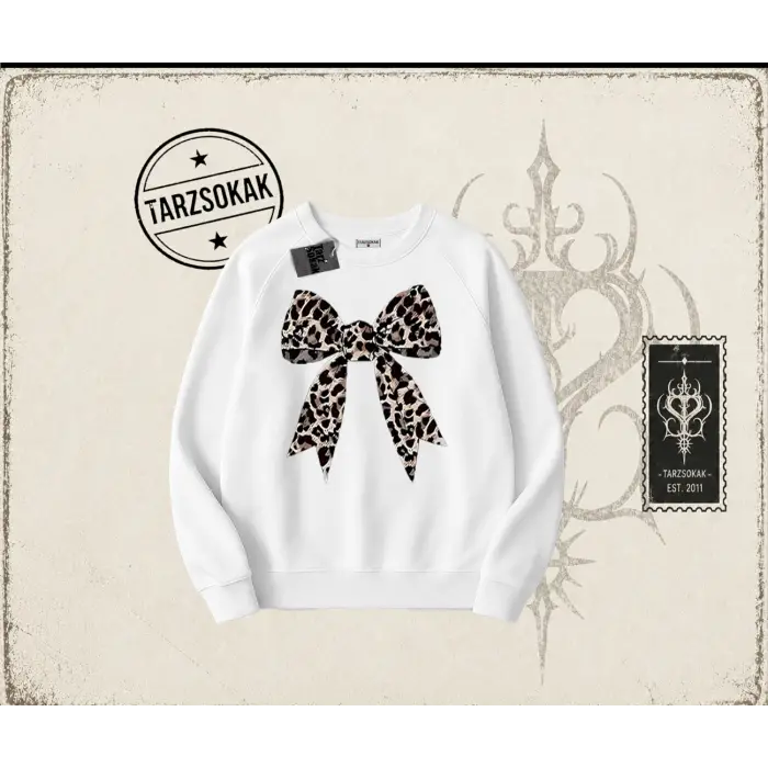 Kadın Leopar Kurdele Oversize Unisex Bisiklet Yaka Sweatshirt Beyaz