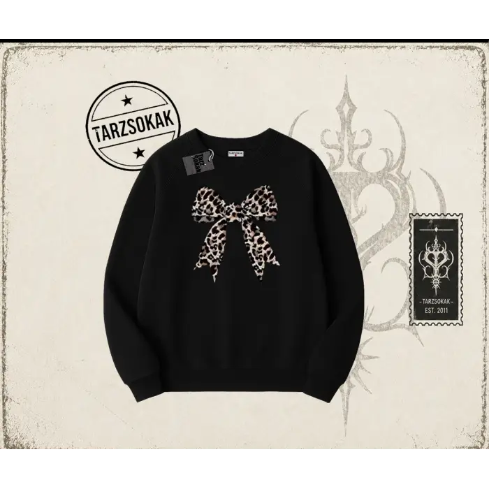 Kadın Leopar Kurdele Oversize Unisex Bisiklet Yaka Sweatshirt Beyaz