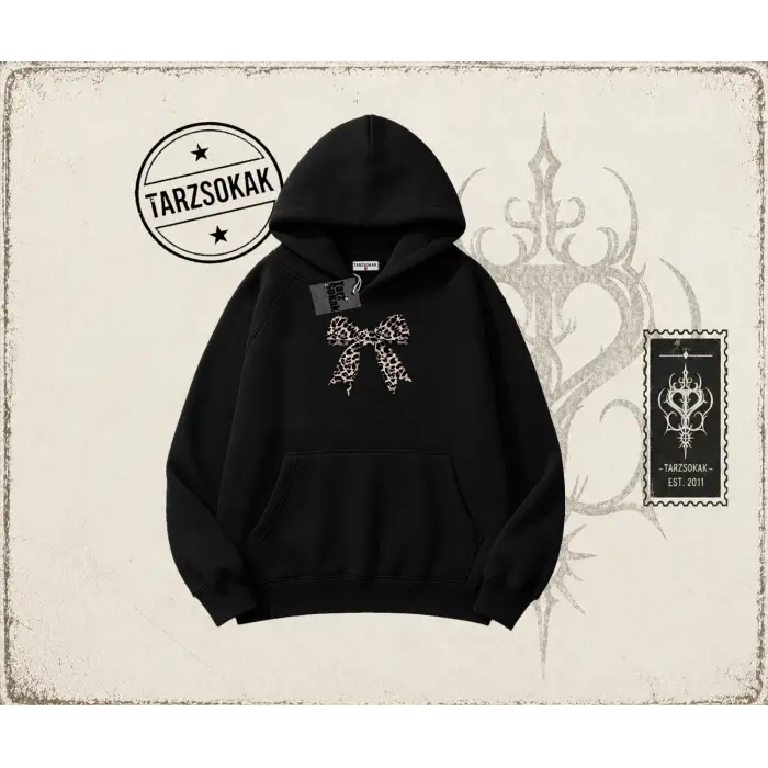Kadın Leopar Kurdele Oversize Unisex Kapşonlu Sweatshirt Beyaz