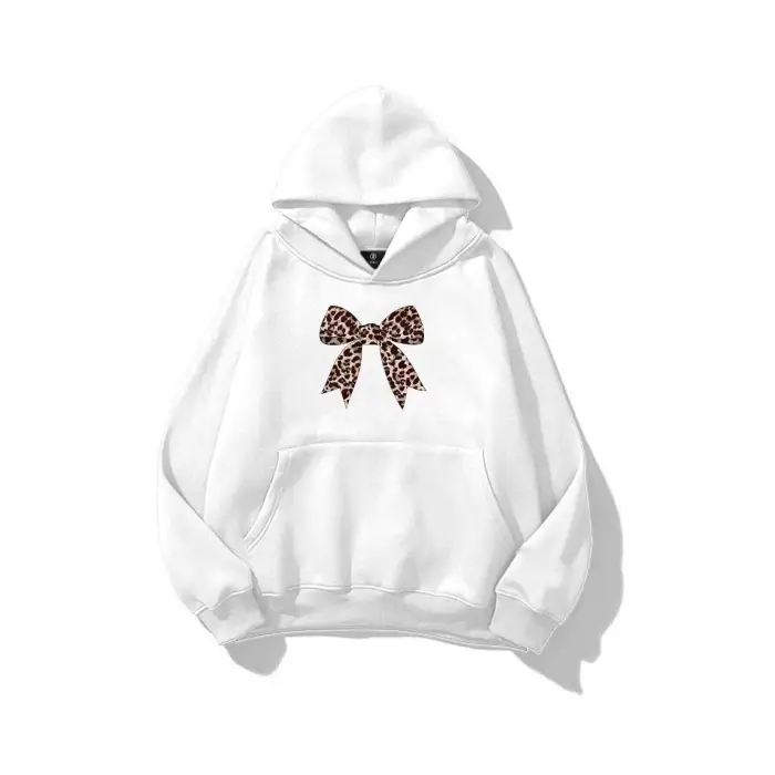 Kadın Leopar Kurdele Sweatshirt Beyaz