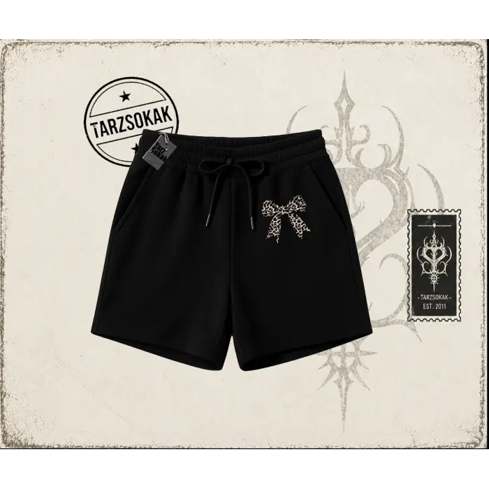 Kadın Leopar Kurdele Unisex Şort Beyaz
