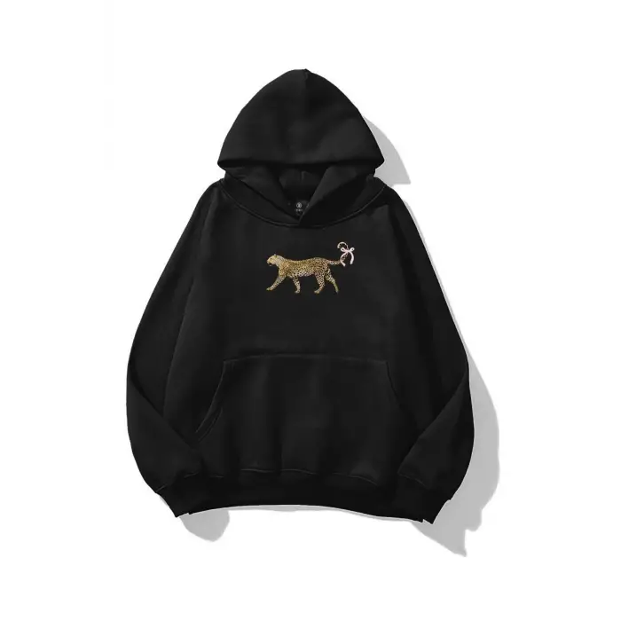 Kadın Leopar Kuyruk Kurdele Sweatshirt Siyah