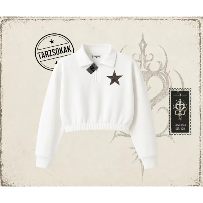 Kadın Leopar Yıldız Kadın Crop Polo Yaka Yarım Fermuarlı Sweatshirt Beyaz
