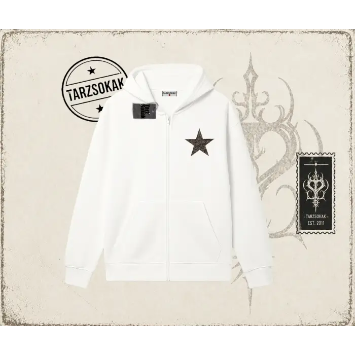 Kadın Leopar Yıldız Oversize Unisex Hırka & Çeket Fermuarlı Sweatshirt Beyaz