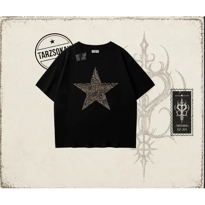 Kadın Leopar Yıldız Oversize Unisex Tişört Beyaz