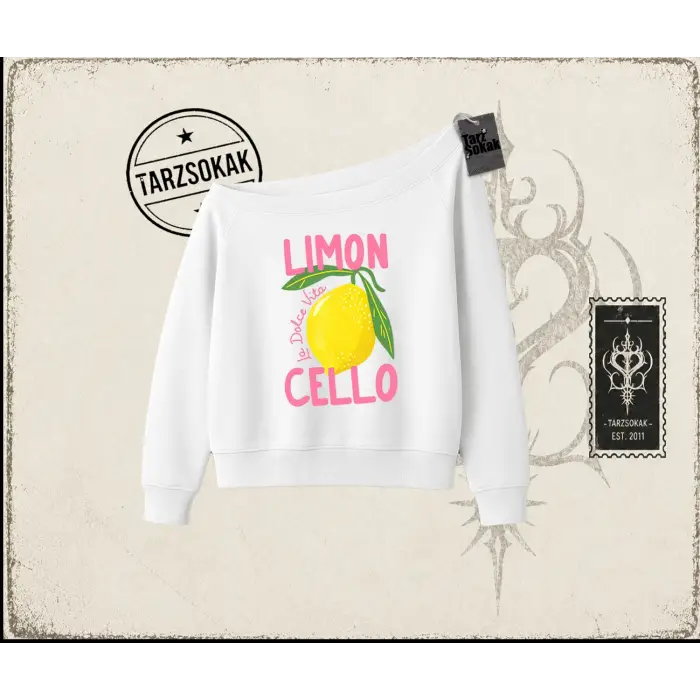 Kadın Limon Cello Kadın Kayık Yaka Sweatshirt Beyaz