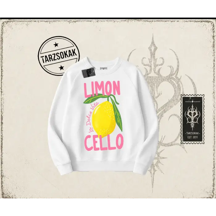 Kadın Limon Cello Oversize Unisex Bisiklet Yaka Sweatshirt Beyaz