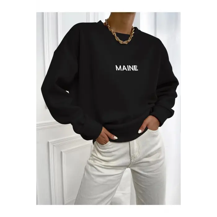Kadın Maın Baskılı Oversize Bisiklet Yaka Sweatshirt Siyah
