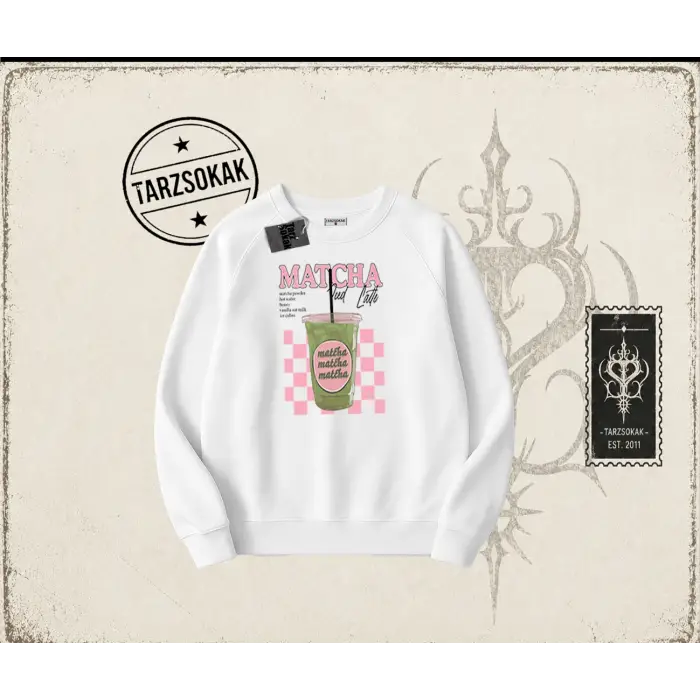 Kadın Matcha iced Latte Oversize Unisex Bisiklet Yaka Sweatshirt Beyaz