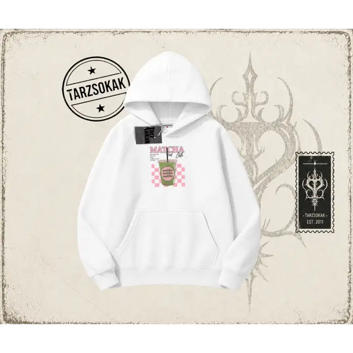 Kadın Matcha iced Latte Oversize Unisex Kapşonlu Sweatshirt Beyaz