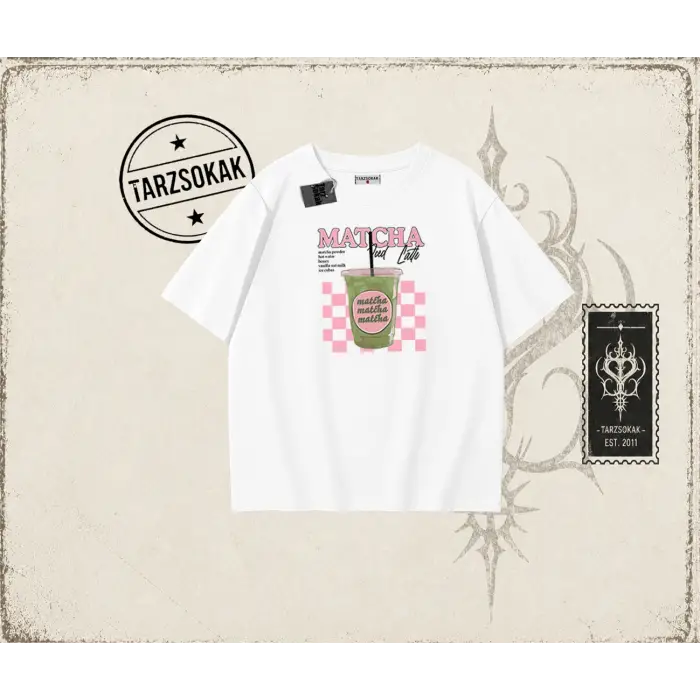 Kadın Matcha iced Latte Oversize Unisex Tişört Beyaz