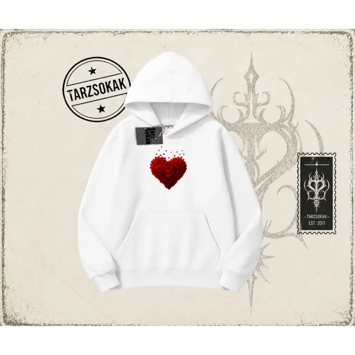 Kadın Minik Kalp Oversize Unisex Kapşonlu Sweatshirt Beyaz