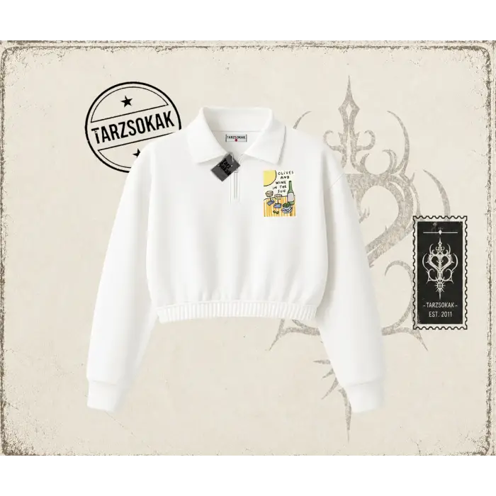 Kadın Olives and Wine Kadın Crop Polo Yaka Yarım Fermuarlı Sweatshirt Beyaz