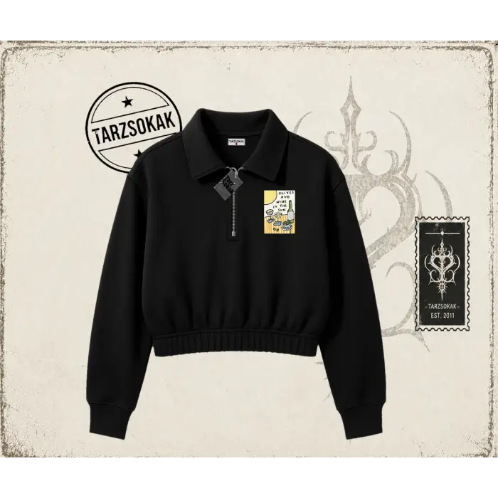 Kadın Olives and Wine Kadın Crop Polo Yaka Yarım Fermuarlı Sweatshirt Beyaz