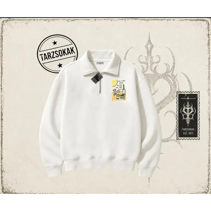 Kadın Olives and Wine Unisex Polo Yaka Yarım Fermuarlı Sweatshirt Beyaz