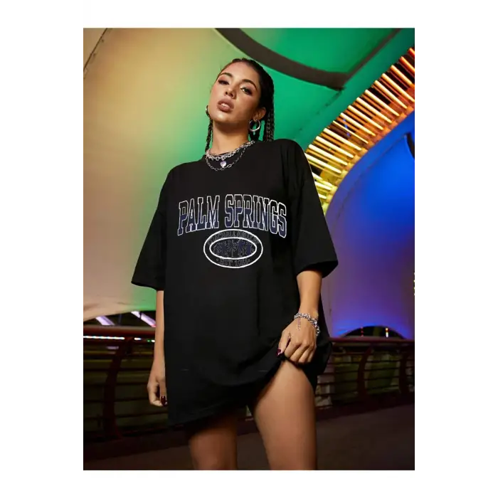 Kadın Palm Springs Siyah Baskılı Oversize Tshırt