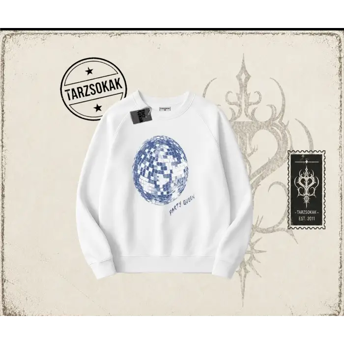 Kadın Party Queen Oversize Unisex Bisiklet Yaka Sweatshirt Beyaz