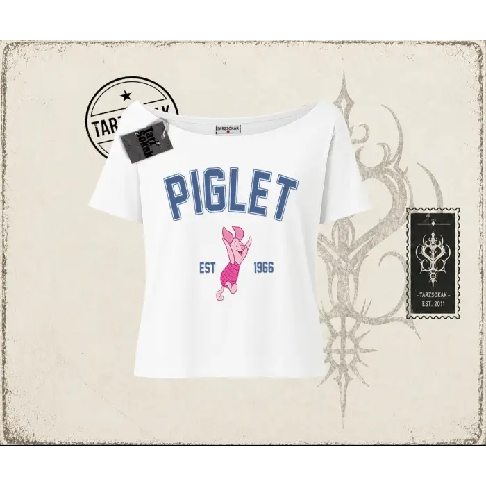 Kadın Piglet College Kadın Kayık Yaka Tişört Beyaz