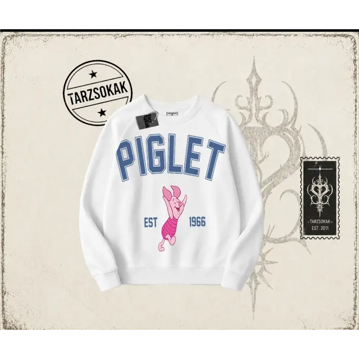 Kadın Piglet College Oversize Unisex Bisiklet Yaka Sweatshirt Beyaz