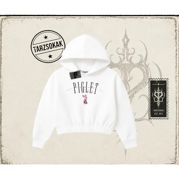 Kadın Piglet Since 1966 Kadın Crop Kapşonlu Sweatshirt Beyaz