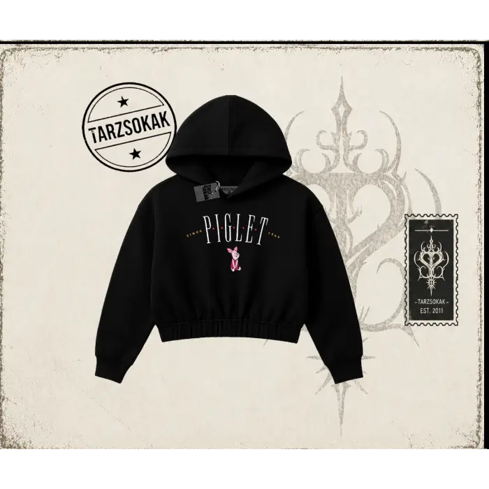 Kadın Piglet Since 1966 Kadın Crop Kapşonlu Sweatshirt Beyaz
