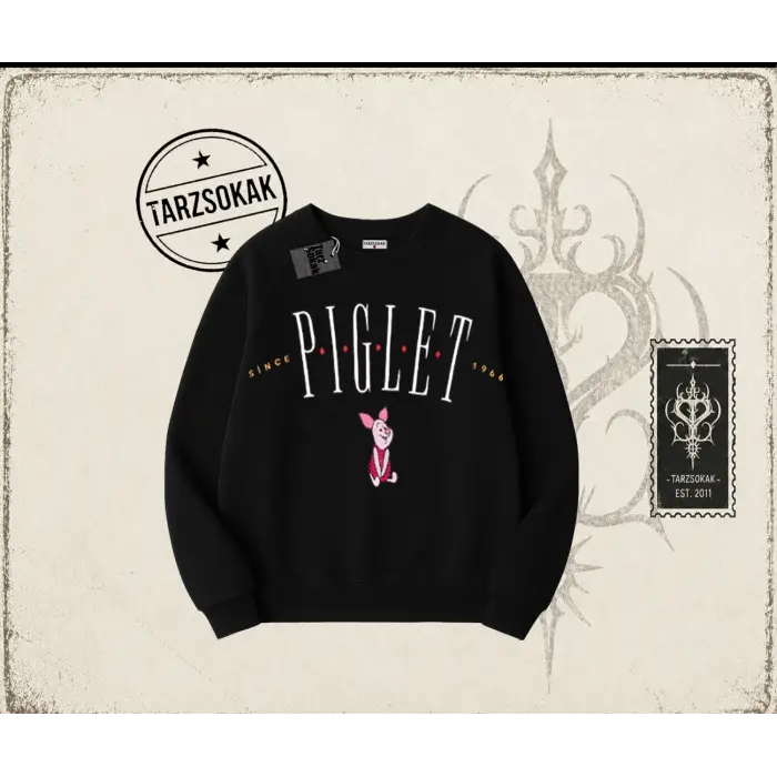 Kadın Piglet Since 1966 Oversize Unisex Bisiklet Yaka Sweatshirt Beyaz