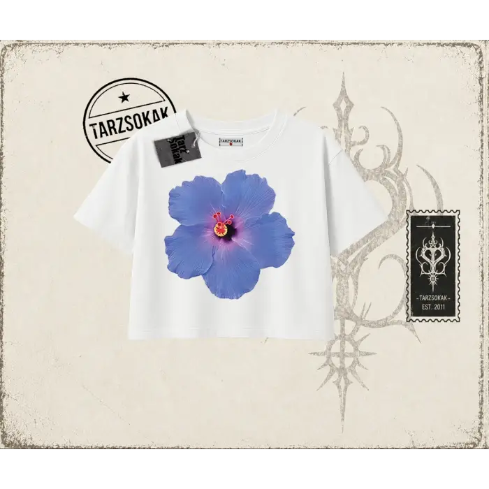 Kadın Purple Hibiscus Kadın Crop Tişört Beyaz