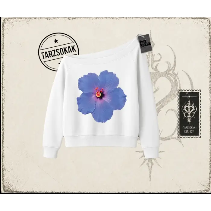 Kadın Purple Hibiscus Kadın Kayık Yaka Sweatshirt Beyaz