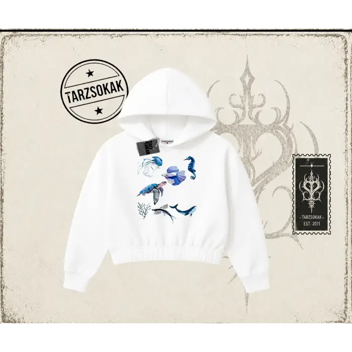 Kadın Sea Elements Kadın Crop Kapşonlu Sweatshirt Beyaz
