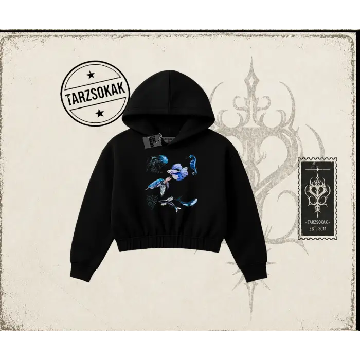 Kadın Sea Elements Kadın Crop Kapşonlu Sweatshirt Beyaz