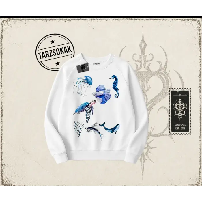 Kadın Sea Elements Oversize Unisex Bisiklet Yaka Sweatshirt Beyaz