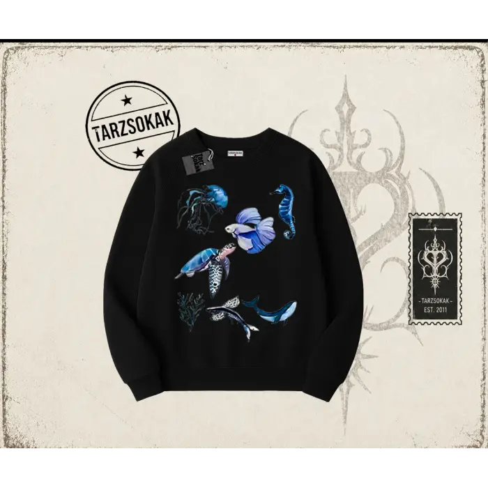 Kadın Sea Elements Oversize Unisex Bisiklet Yaka Sweatshirt Beyaz