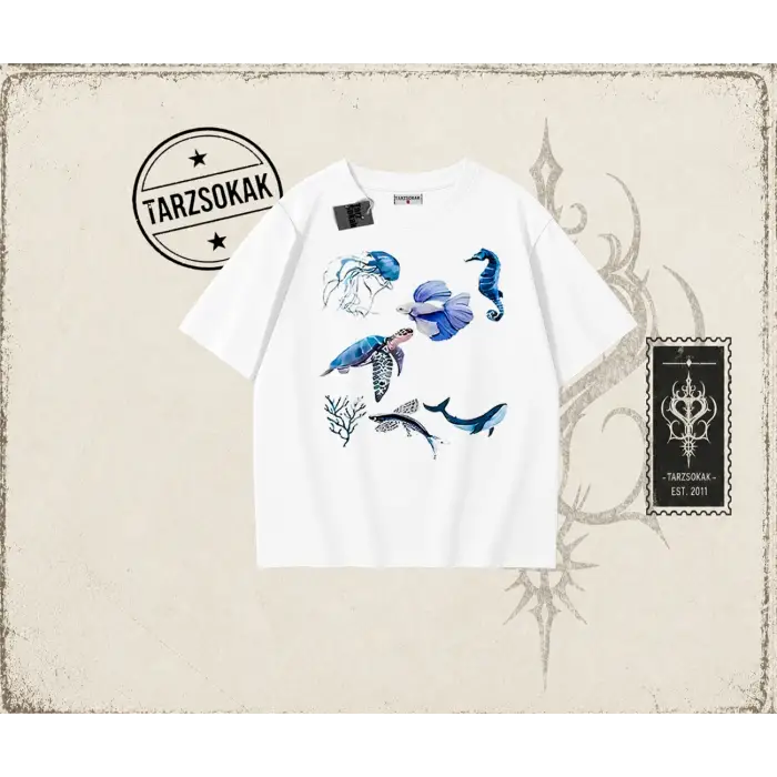 Kadın Sea Elements Oversize Unisex Tişört Beyaz