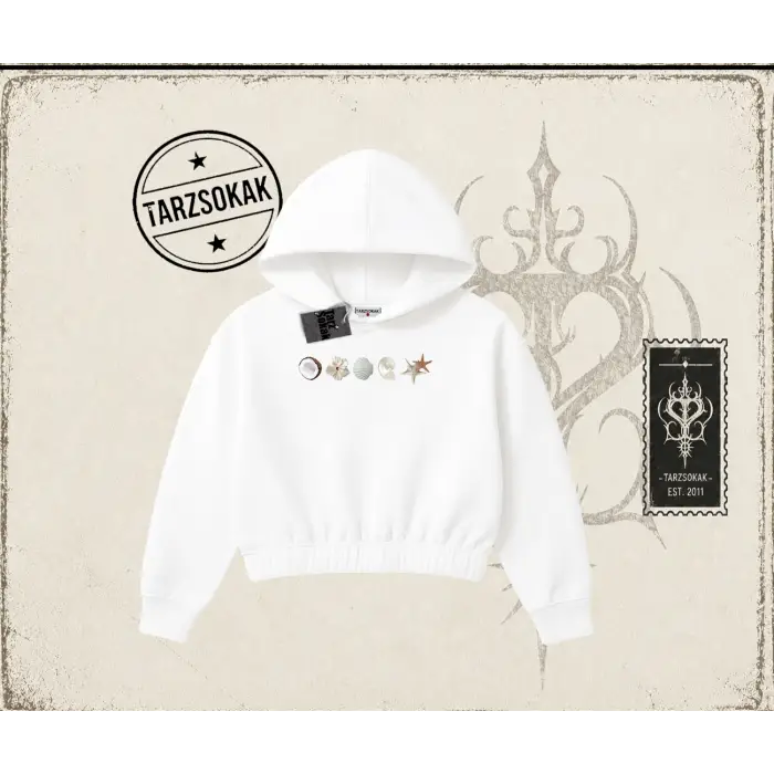 Kadın Sea Shells Kadın Crop Kapşonlu Sweatshirt Beyaz