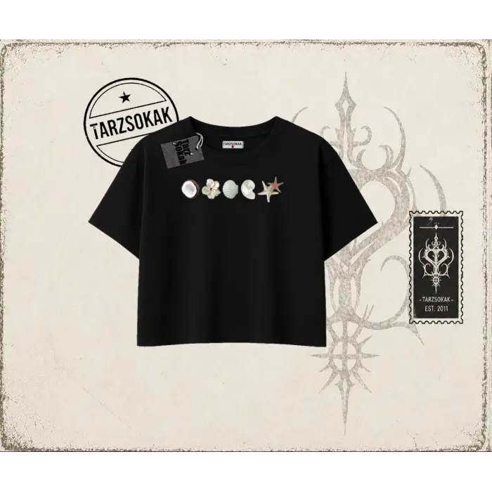Kadın Sea Shells Kadın Crop Tişört Beyaz