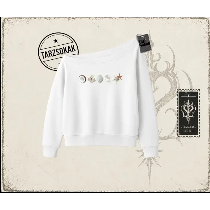 Kadın Sea Shells Kadın Kayık Yaka Sweatshirt Beyaz