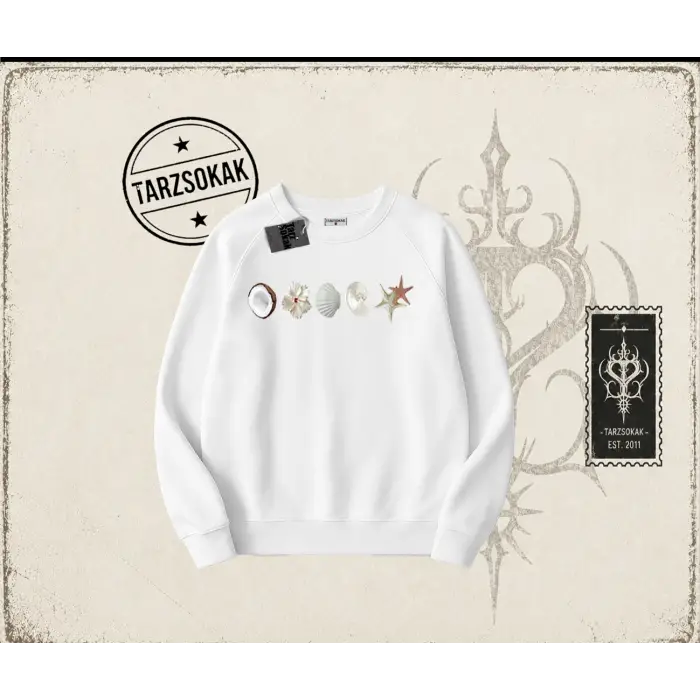 Kadın Sea Shells Oversize Unisex Bisiklet Yaka Sweatshirt Beyaz