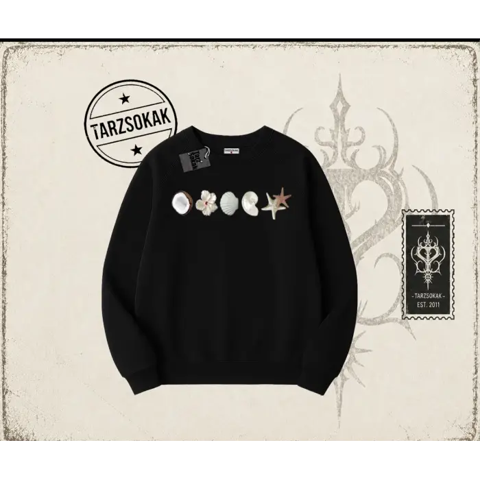 Kadın Sea Shells Oversize Unisex Bisiklet Yaka Sweatshirt Beyaz
