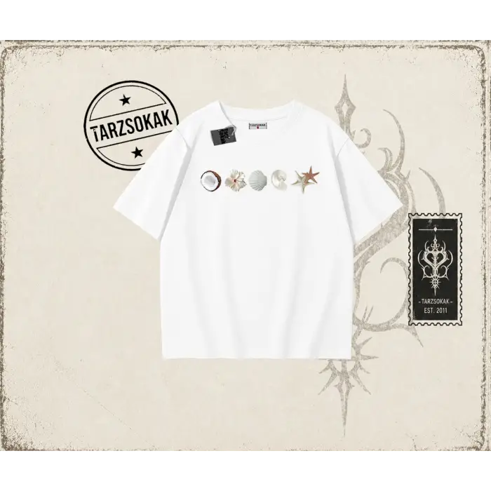 Kadın Sea Shells Oversize Unisex Tişört Beyaz