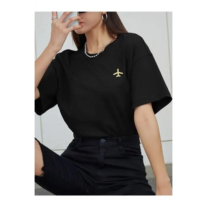 Kadın Siyah Airplane Baskılı Oversize T-shirt