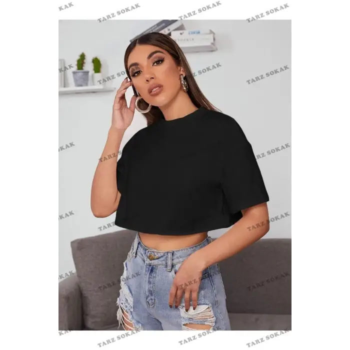 Kadın Siyah Bisiklet Yaka Oversize Crop