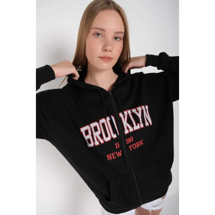 Kadın Siyah Brooklyn Baskılı Oversize Hırka brooklynhırka
