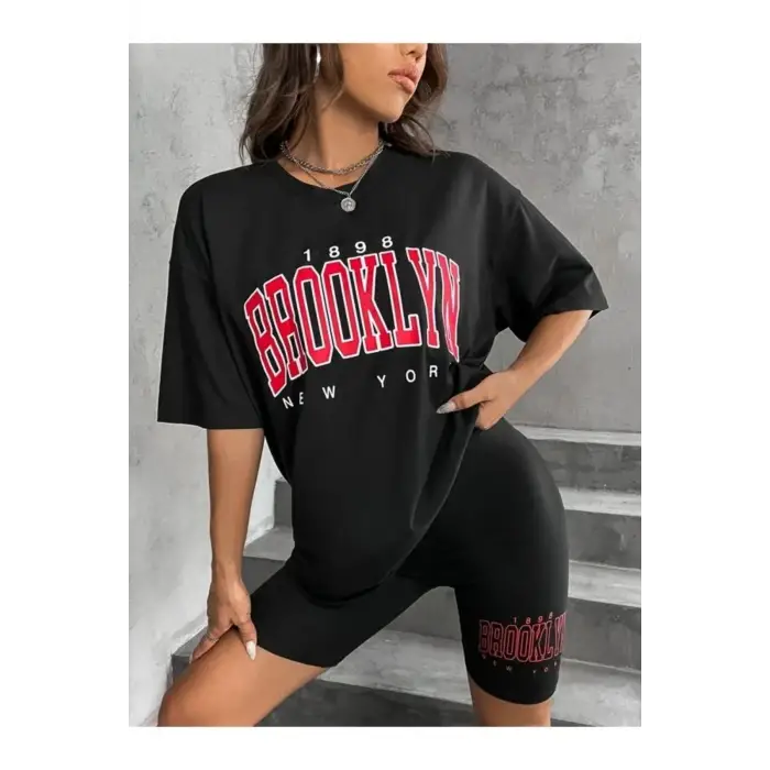 Kadın Siyah Brooklyn Bisiklet Yaka Tshirt