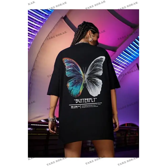 Kadın Siyah Butterfly Ön Arka Baskılı Oversize