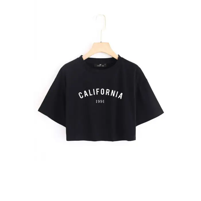 Kadın Siyah California Baskılı Oversize Crop