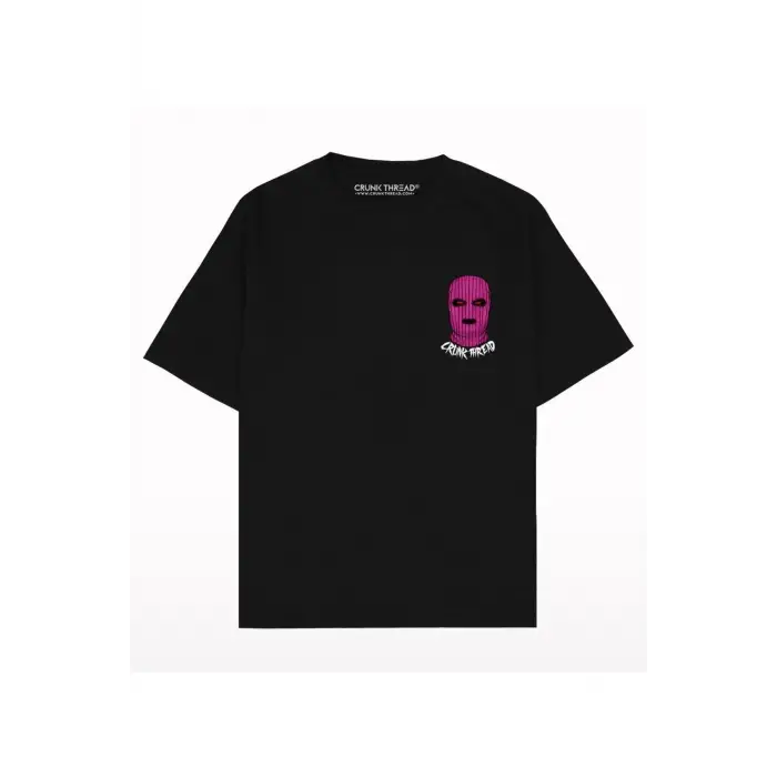Kadın Siyah Crlınk Thread Baskılı Oversize Bisiklet Yaka Tshirt