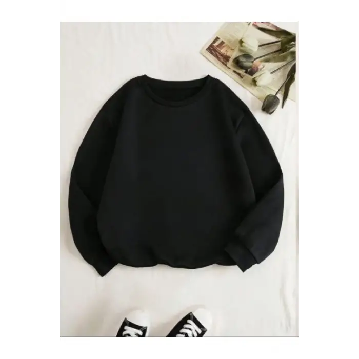 Kadın Siyah Düz Bisiklet Yaka Sweatshirt TS-BASKSZBSKLTKS